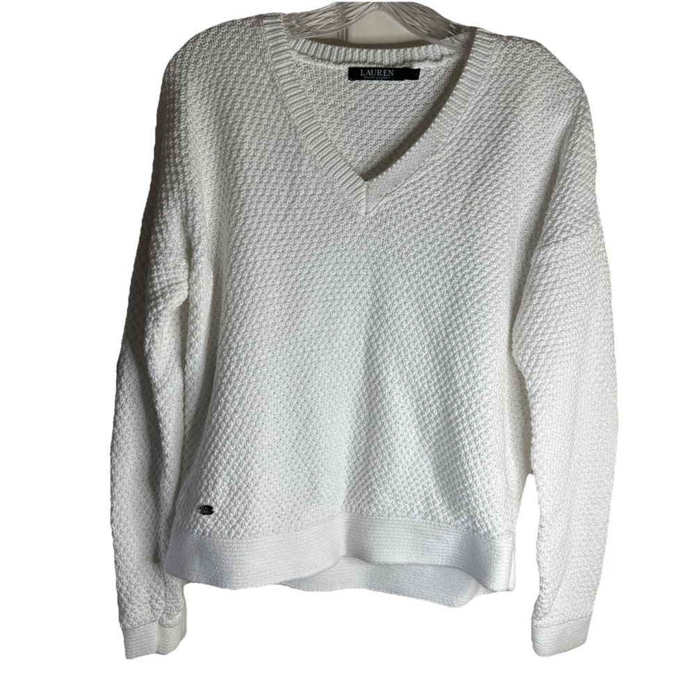 Lauren Ralph Lauren Vneck White Waffle Silver Logo Metal Sweater‎